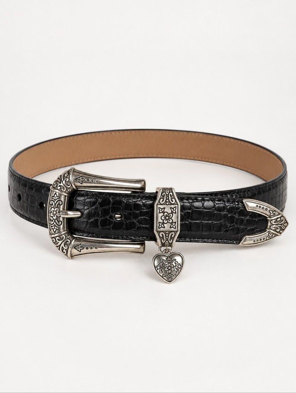 Brighton 90s Black Croc Embossed Western Leather Belt Silver Buckle Heart Charm